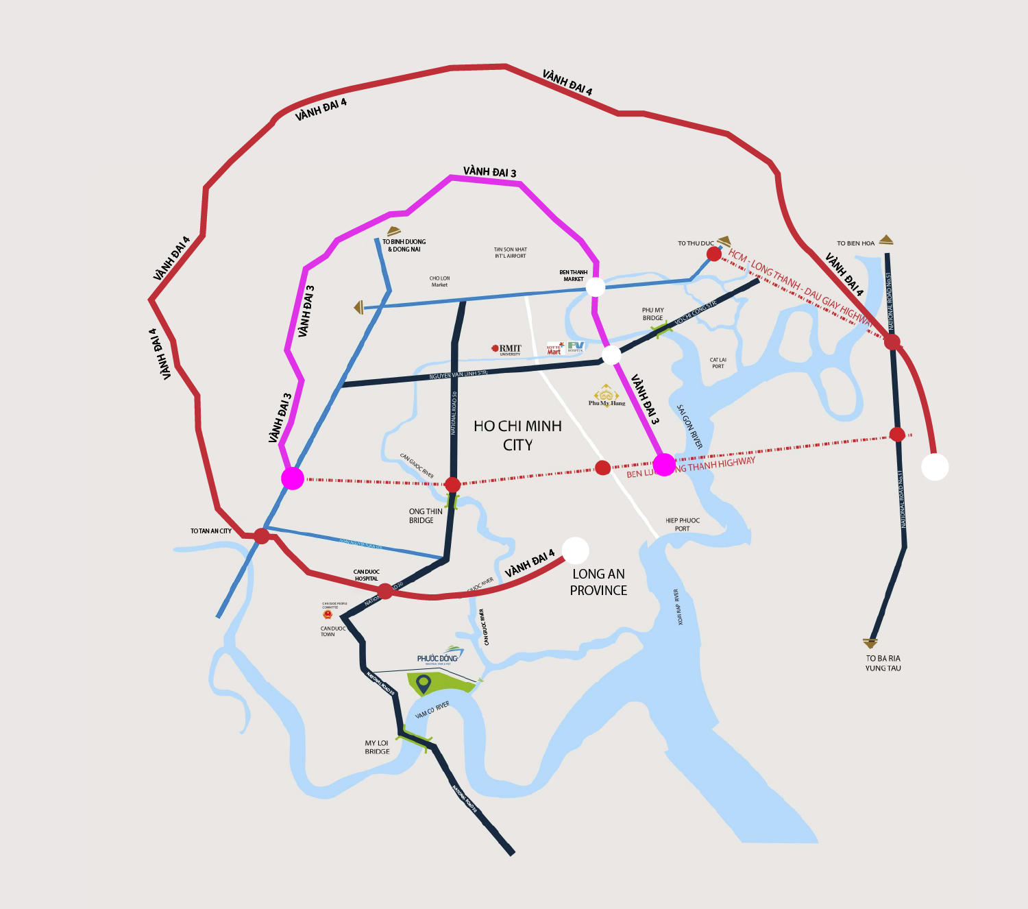 Sơ đồ hướng tuyến dường Vành đai 4 TP.HCM (đường màu cam)